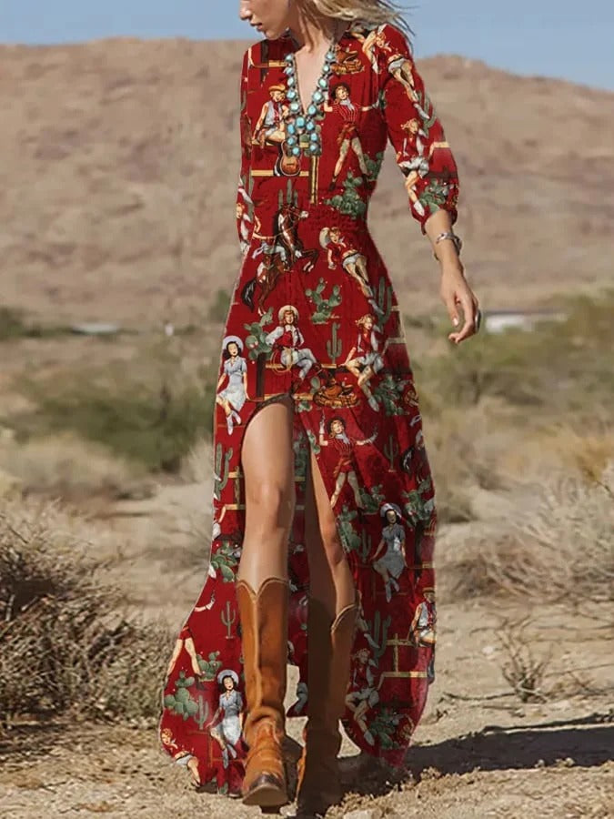 Western retro print maxi dress