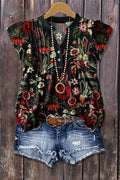 Chic Floral Print Flutter Sleeve Ribbed Top