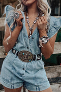 V-neck ruffle button washed denim bodysuit