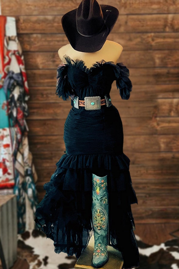 Off-Shoulder Tulle Slit Ruffle Maxi Dress
