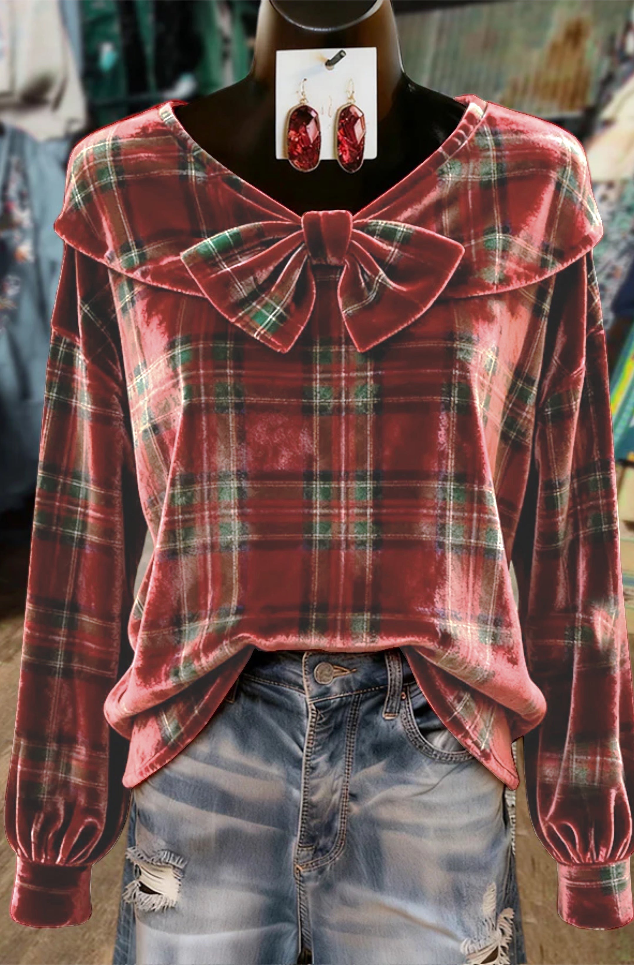 Holiday Plaid Bow Detailed Long Sleeve Velvet Top