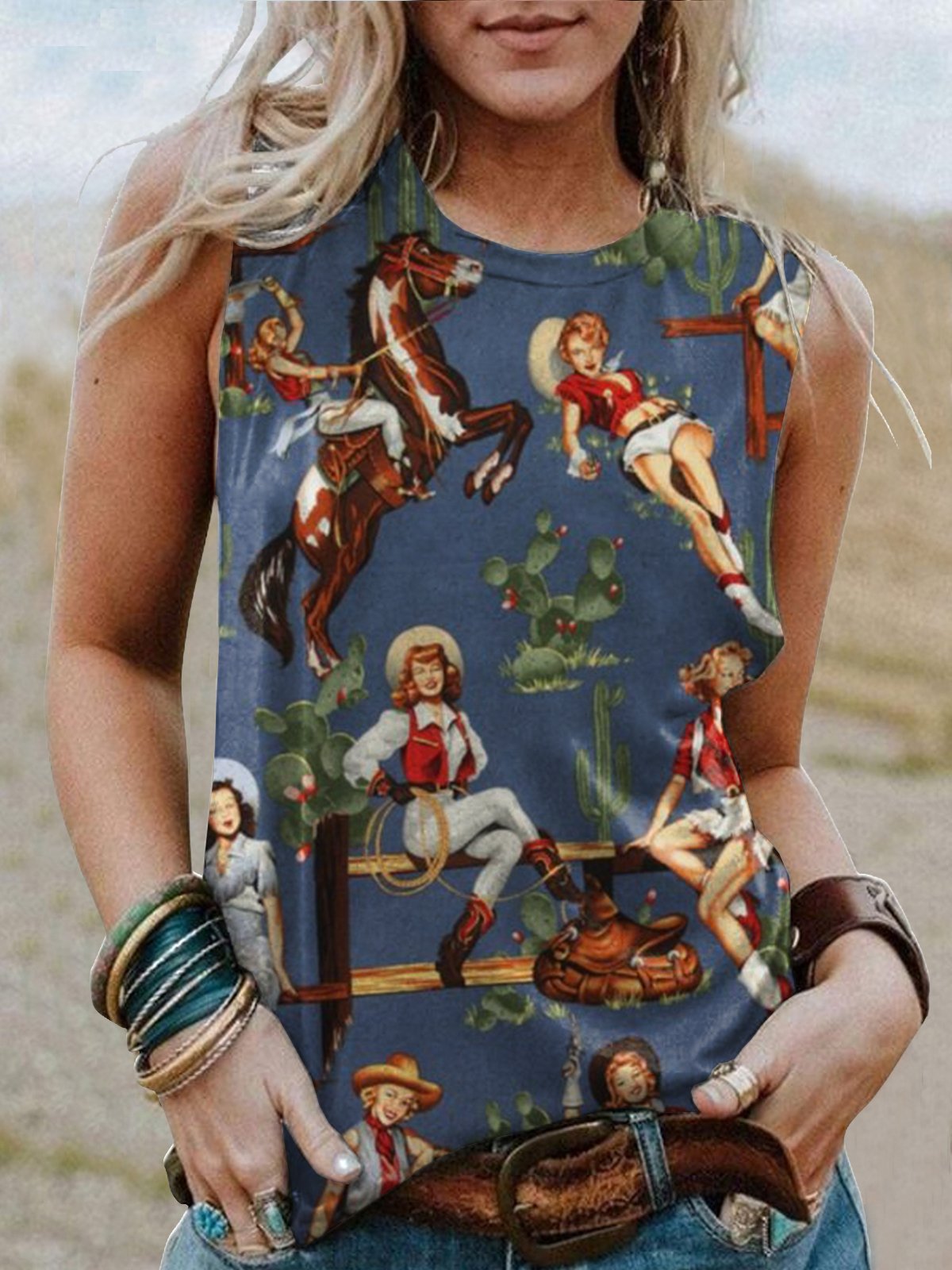 Western Graphic Crew Neck Sleeveless Tee