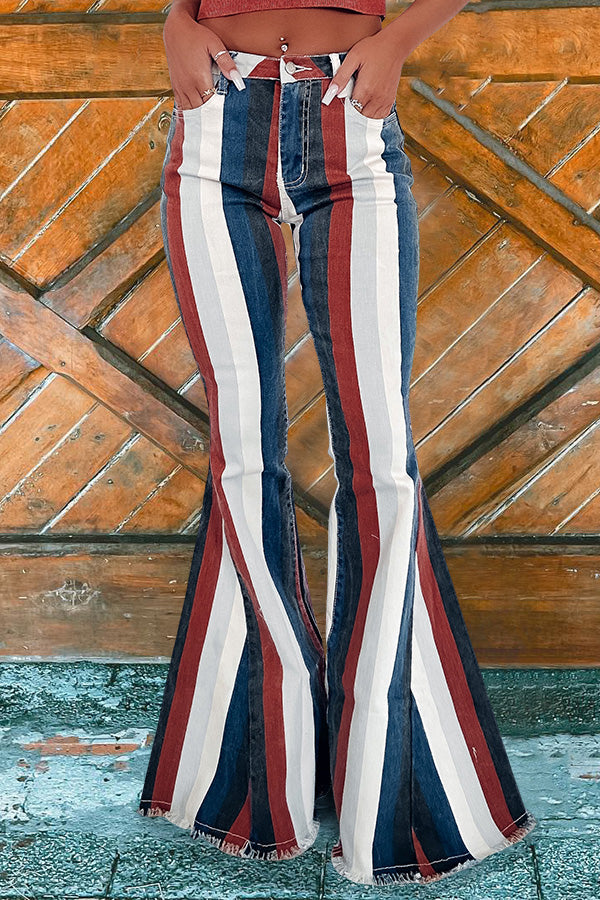 Western style vintage stripe print flared jeans