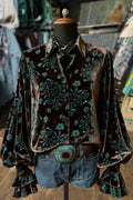 Retro Floral Print Lantern Sleeve Velvet Top
