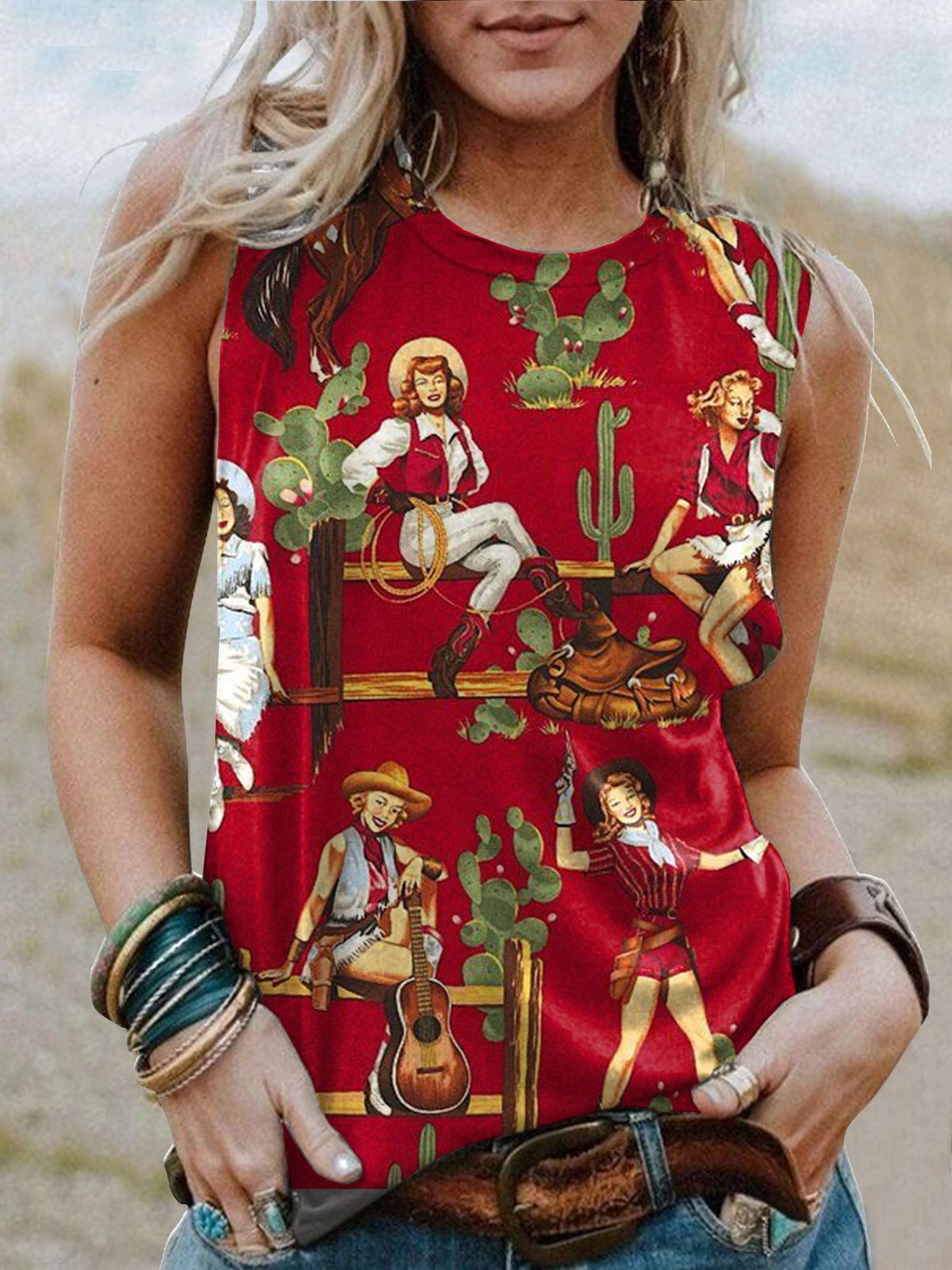 Western Graphic Crew Neck Sleeveless Tee