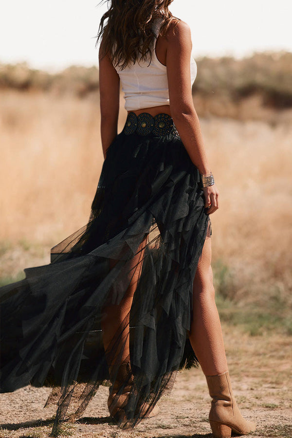 Western rock black tulle maxi skirt