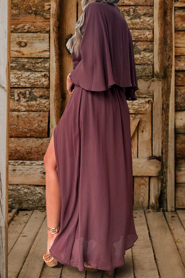 Deep V Neck Bell Sleeve Slit Dress