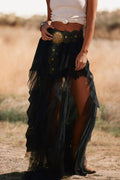 Western rock black tulle maxi skirt