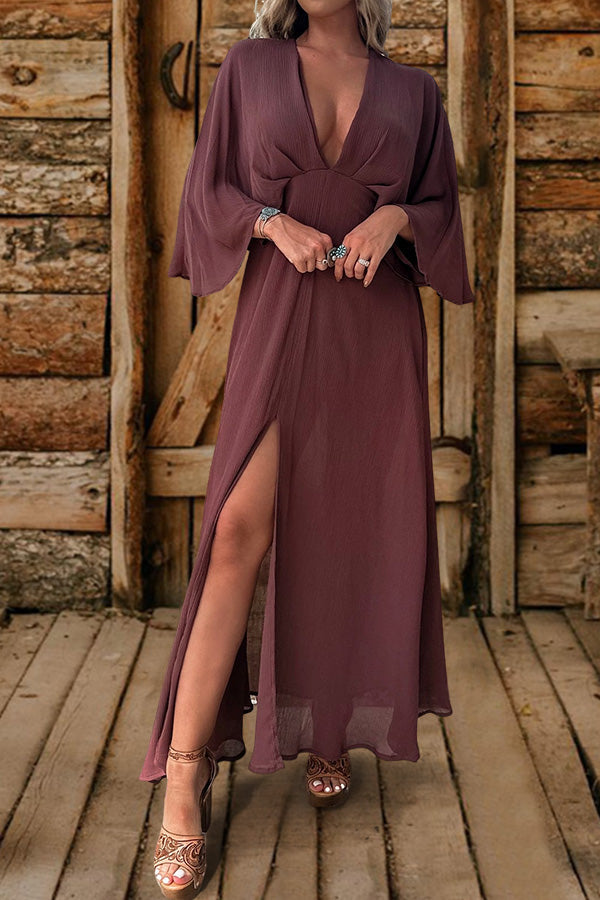 Deep V Neck Bell Sleeve Slit Dress