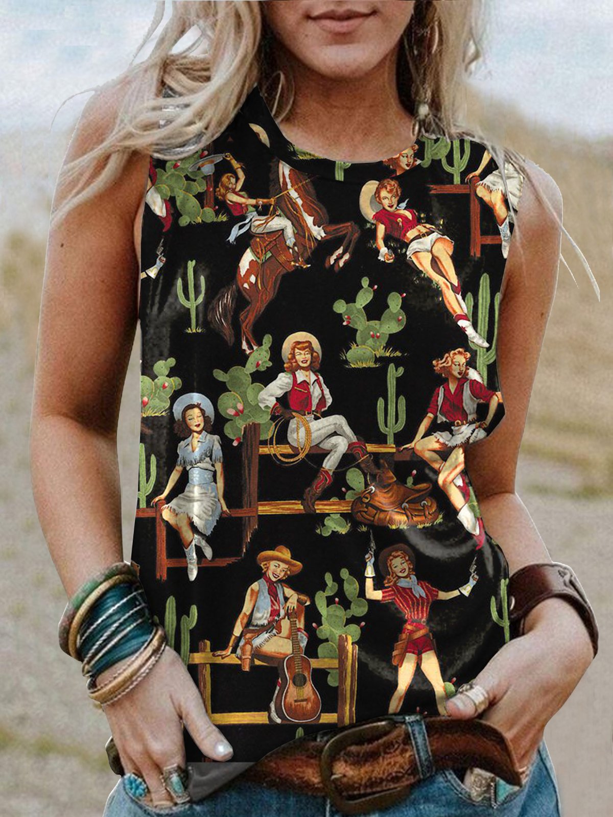 Western Graphic Crew Neck Sleeveless Tee