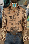 Rodeo Cowboy Print Leopard Double Flared Cuffs Blouse