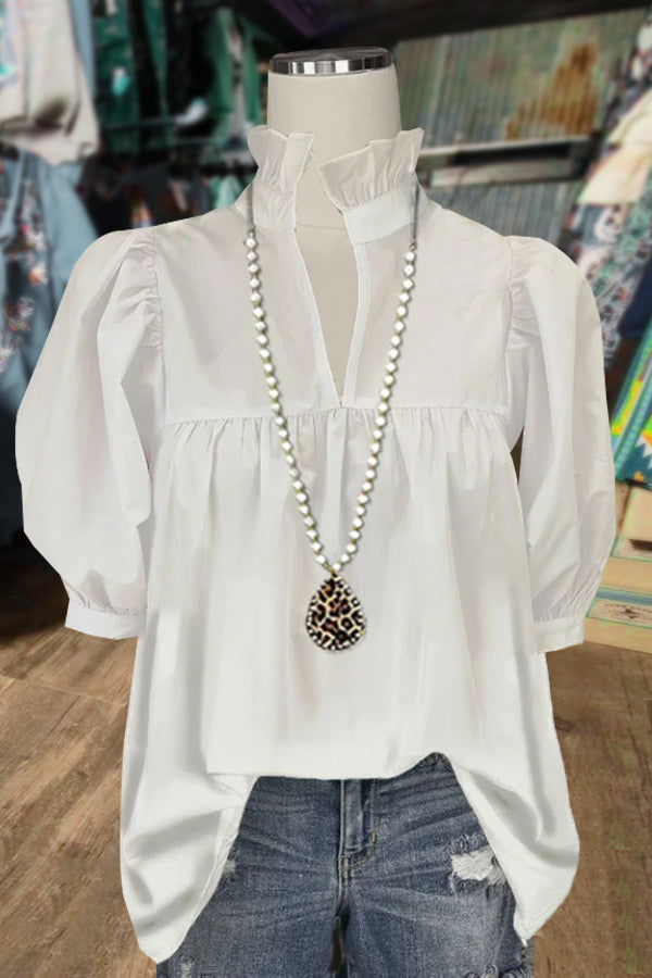 Casual Ruffle High Neck Puff Sleeve Top
