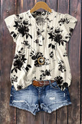 Chic Floral Print Flutter Sleeve Ribbed Top