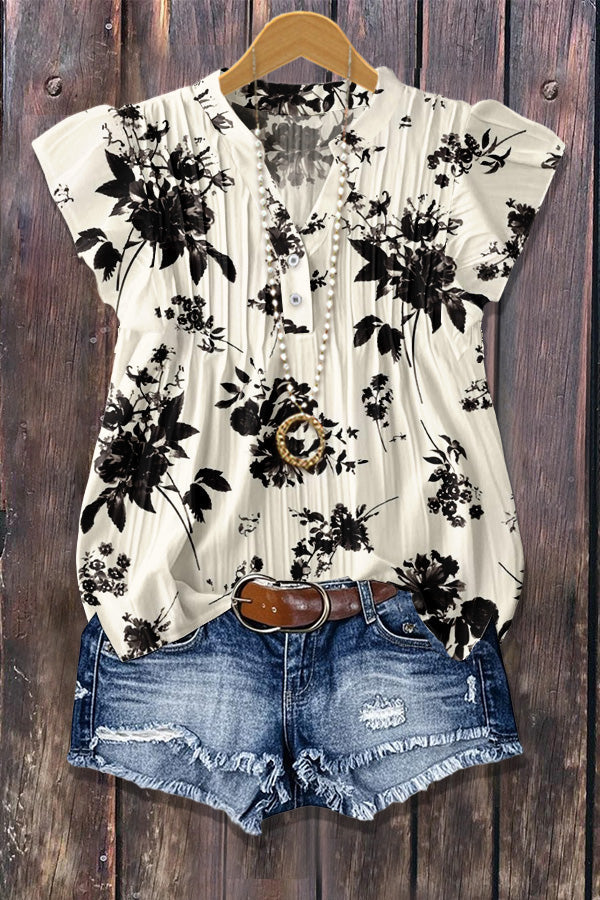 Chic Floral Print Flutter Sleeve Ribbed Top