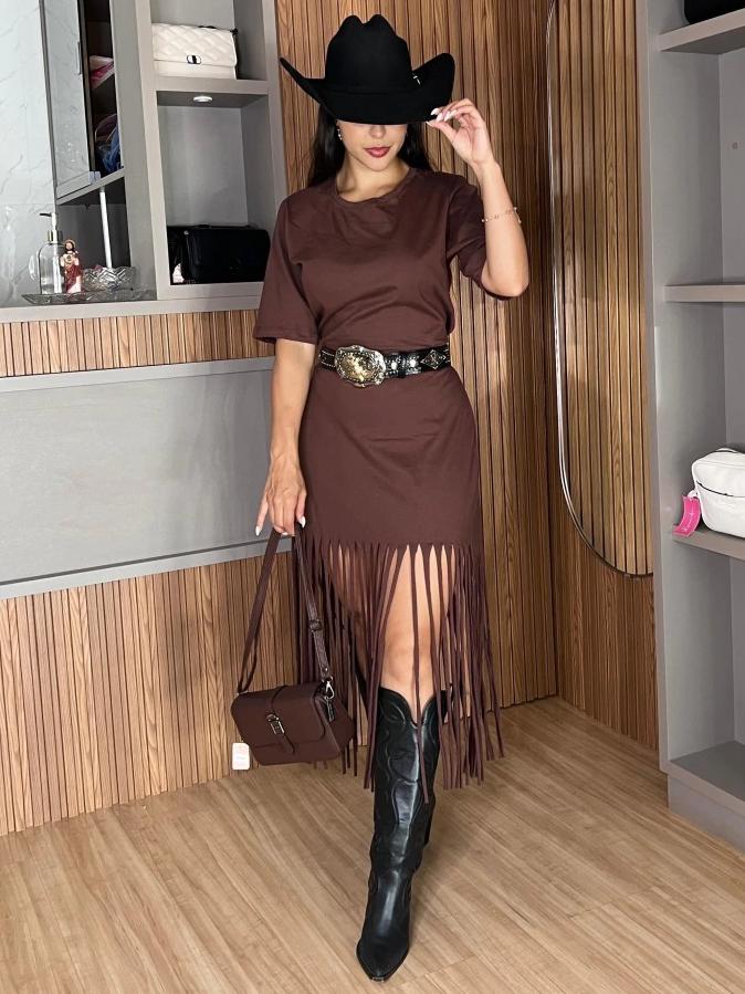 Vintage Solid Color Hem Tassels T-Shirt Dress- Brown & Black