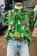 Floral Print Mock Neck Ruffle Sleeve Top