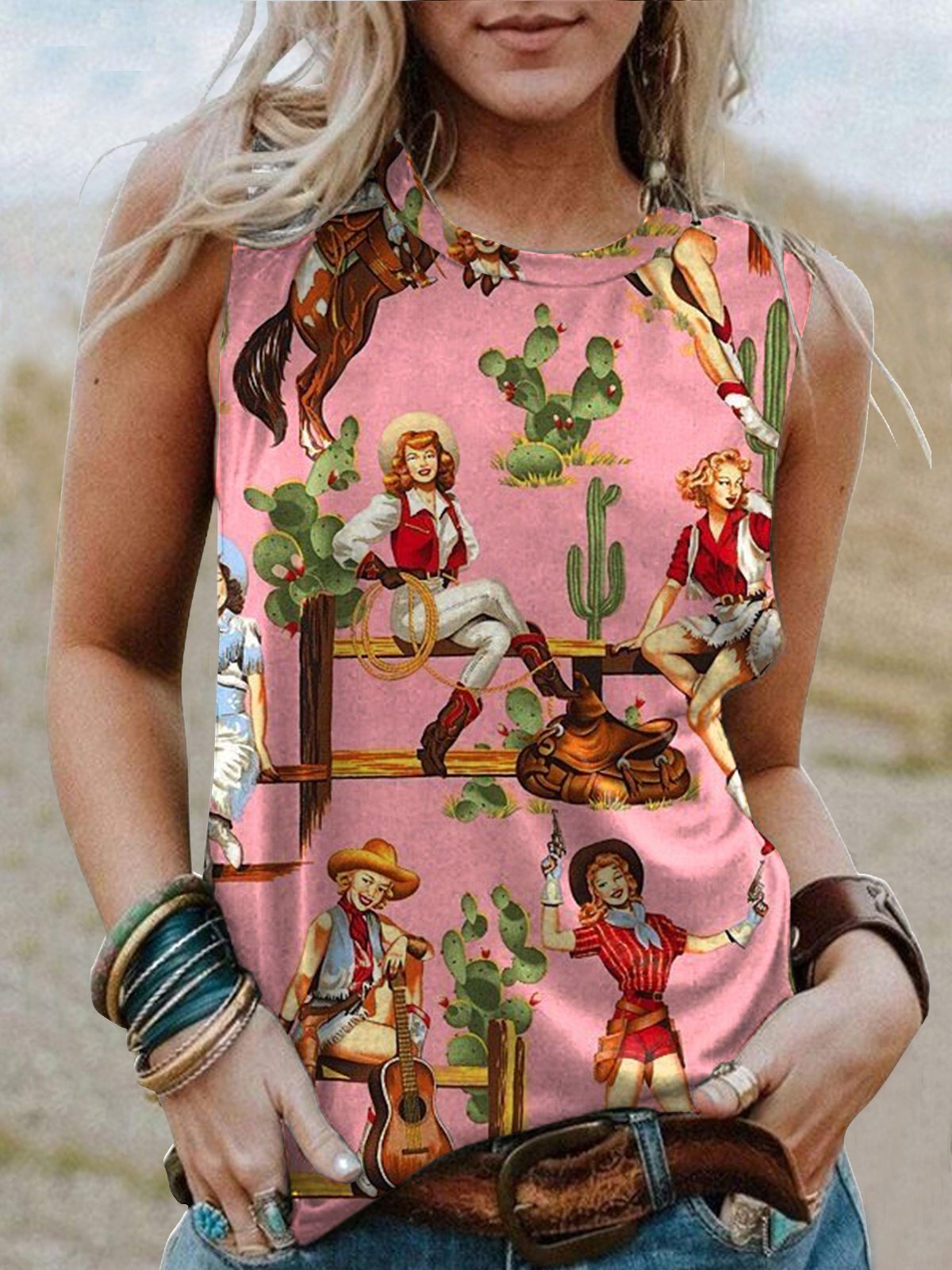 Western Graphic Crew Neck Sleeveless Tee