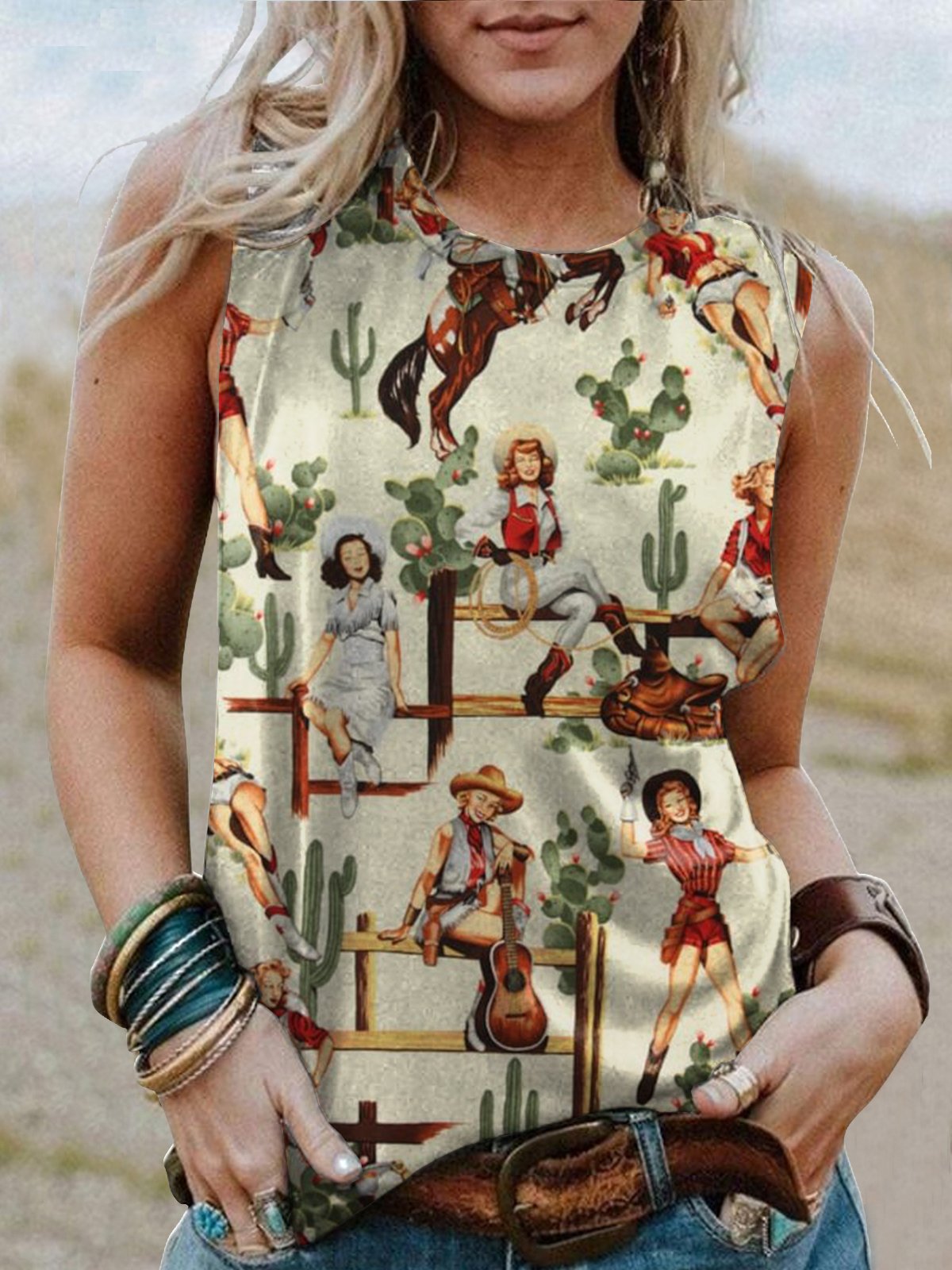 Western Graphic Crew Neck Sleeveless Tee