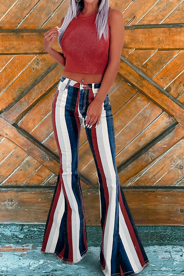 Western style vintage stripe print flared jeans